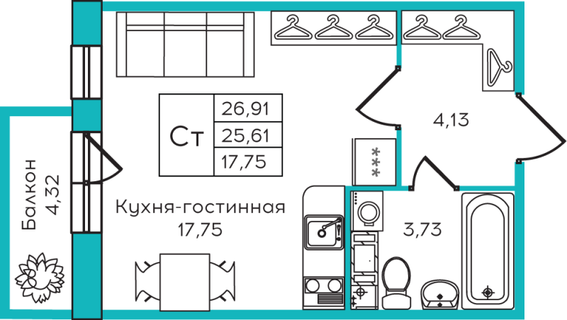 Студия 26.91 м²