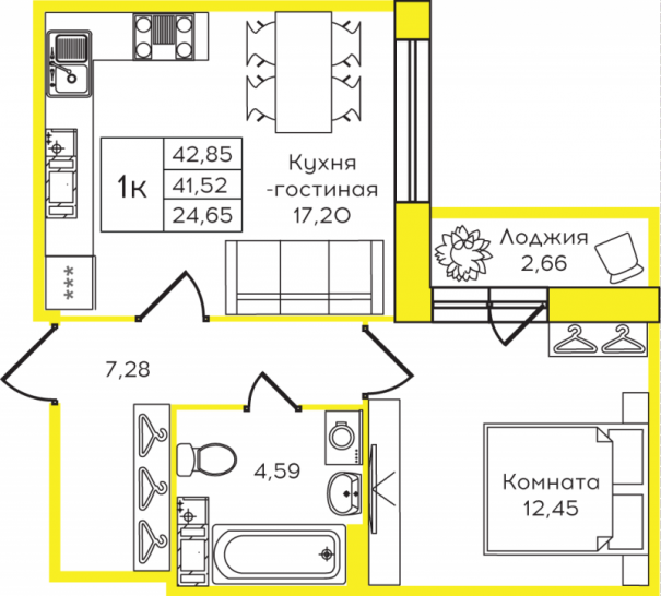 Однокомнатная квартира 42.85 м²