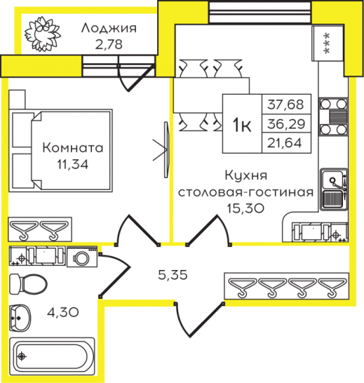 Однокомнатная квартира 37.68 м²