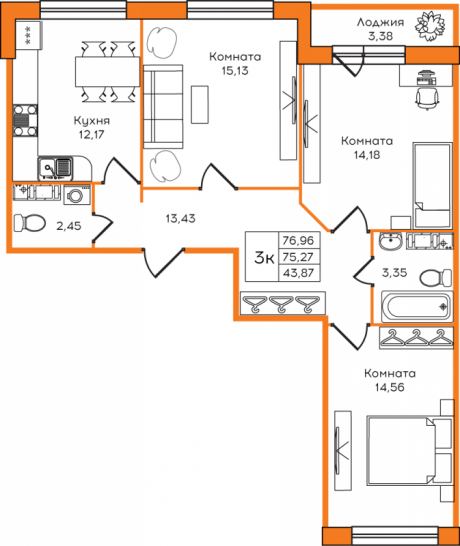 Трёхкомнатная квартира 76.96 м²