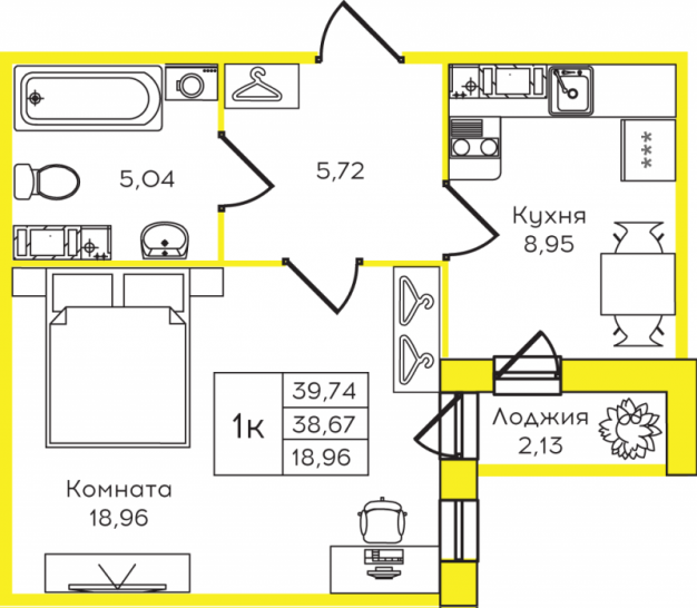 Однокомнатная квартира 39.74 м²