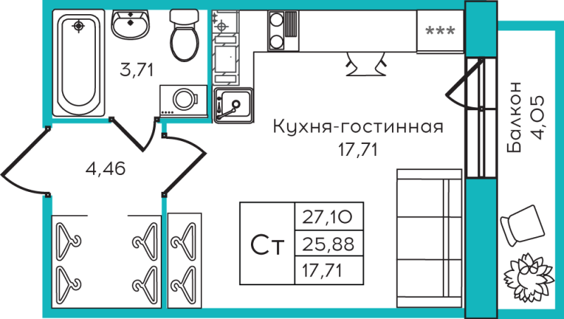 Студия 27.1 м²