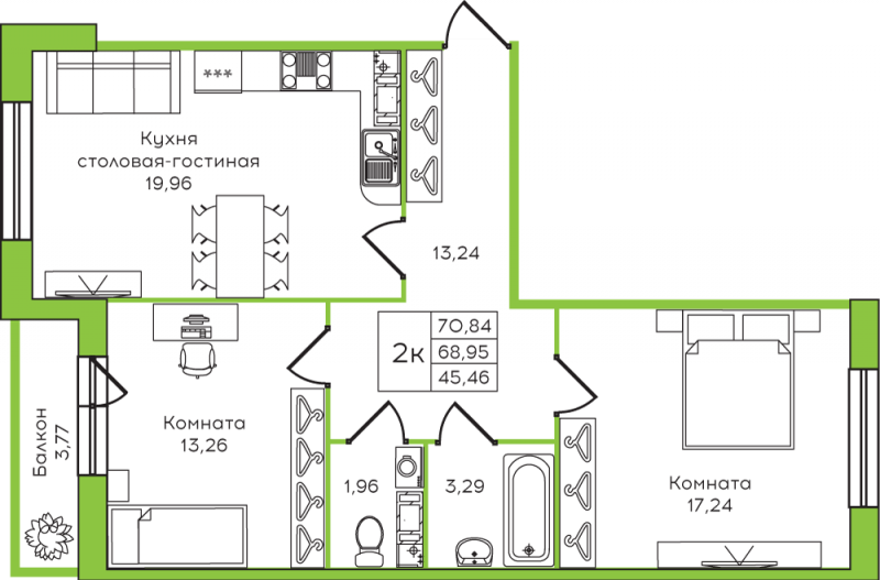 Двухкомнатная квартира 70.84 м²